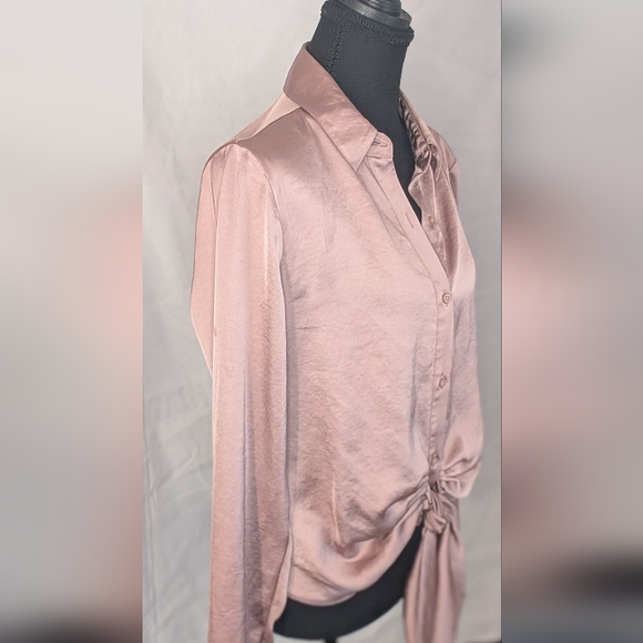 Express Long Sleeve Satin Tie Front Button Down Blouse in Blush Size S - Picture 2 of 6